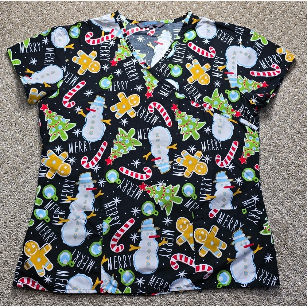 Serene Women's M Christmas Scrub Top Mock Wrap Snowman Gingerbread Tie Back